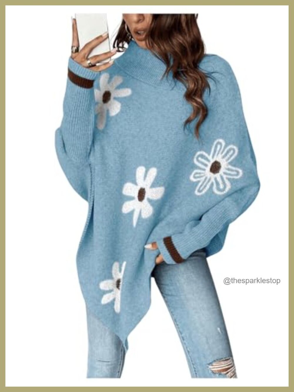 Womens Floral Poncho Sweater Mock Neck Long Sleeve Oversized Pullover